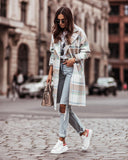 Plaid Trench Coat Winter Coat Women's Long Sleeve Checked Woolen Coat Casual
