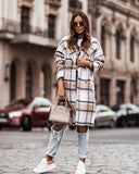 Plaid Trench Coat Winter Coat Women's Long Sleeve Checked Woolen Coat Casual