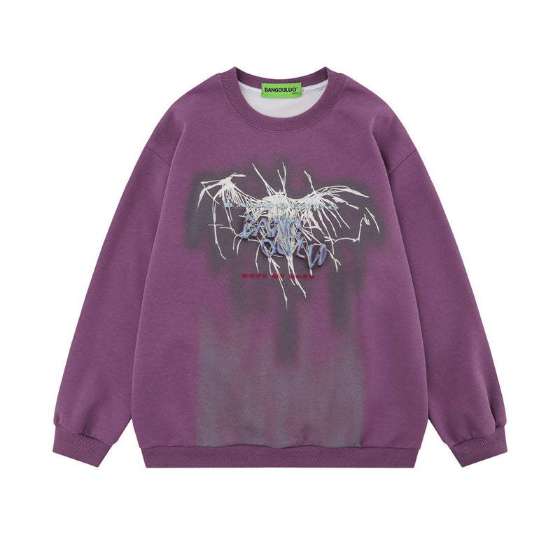 Men Hoodie Abstract Pattern round Neck Sweater Men's Autumn and Winter Graffiti Inkjet Printing Loose Pullover