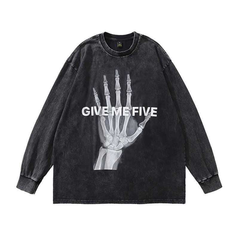 Men Long Sleeve Shirt Bone Print Vintage Long Sleeve T-shirt Washed and Worn Bottoming Shirt