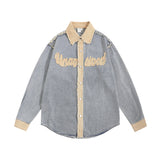 Men Long Sleeved T Shirt Stitching Denim Long Sleeve Shirt Men's Washed Denim Lapel Shirt Coat