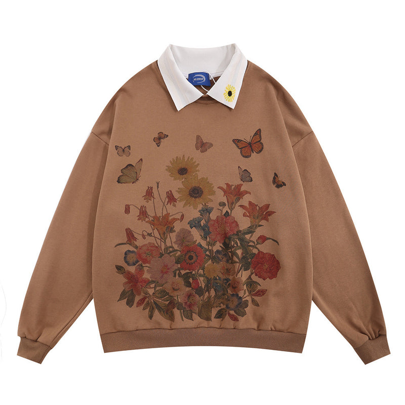 Men Hoodie Flower Printed Pullover Sweatshirt Men's Hip Hop Contrast Color Lapels Top