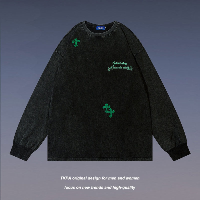 Men Long Sleeve Shirt Autumn Retro Alphabet Embroidered Distressed Long Sleeve T-shirt Men