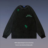 Men Long Sleeve Shirt Autumn Retro Alphabet Embroidered Distressed Long Sleeve T-shirt Men