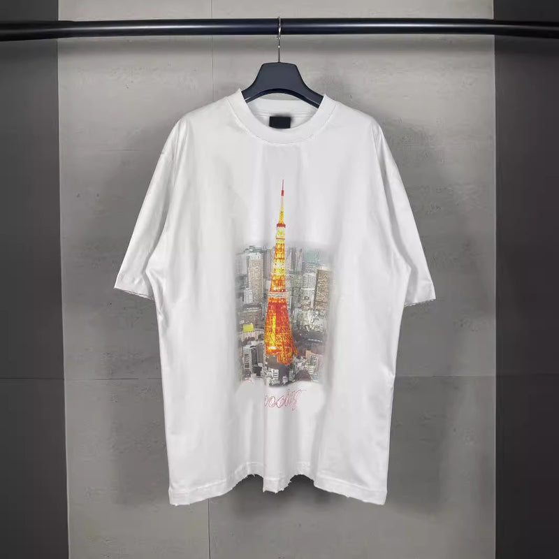 Men T-shirts Tokyo Tower Printed Washed Old Short Sleeves Loose Casual