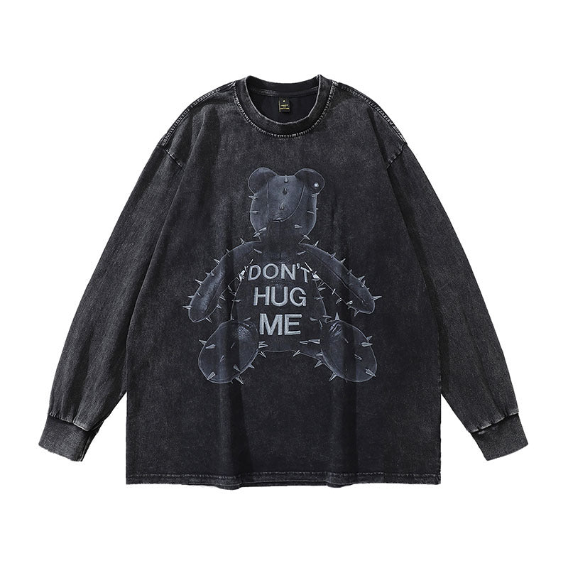 Men Long Sleeve Shirt Bear Printed Long Sleeve T-shirt Men and Women Washed and Worn