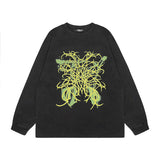 Men Long Sleeve Shirt Vintage Retro Dark Printed Washed Bottoming Long Sleeve T-shirt Men and Women