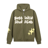 Men Fleece Lined Hoodie English Letter Hooded Sweater Men's Loose Hooded Cardigan Autumn and Winter