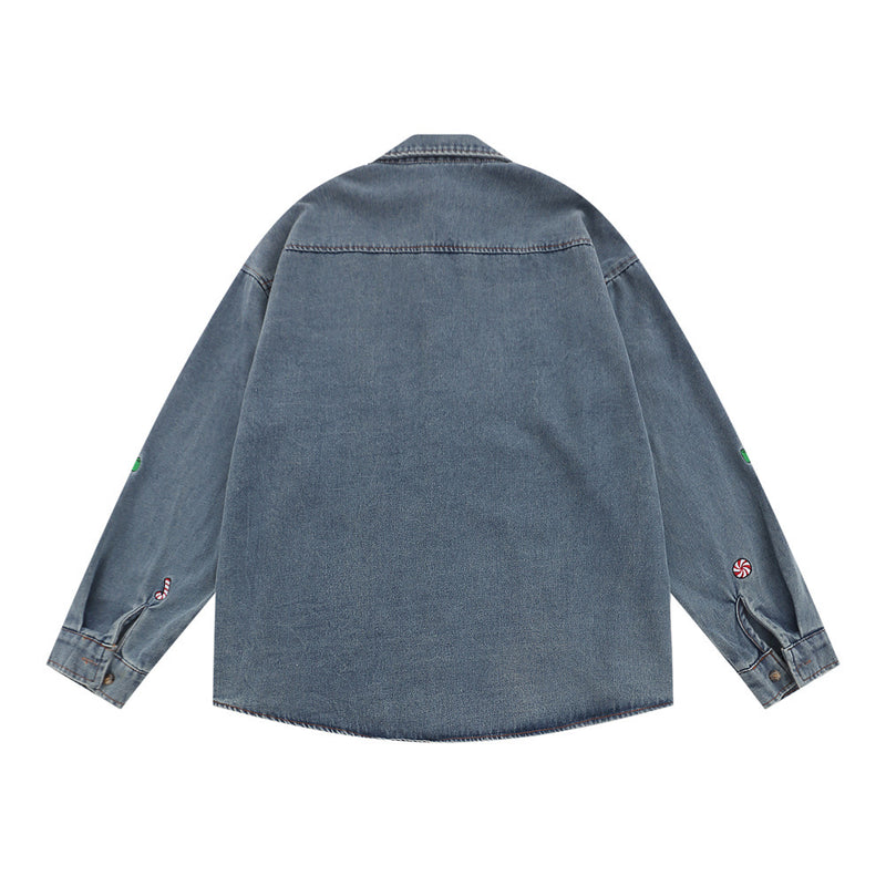 Men Long Sleeved T Shirt Cartoon Embroidered Washed Denim Shirt Coat Spring and Autumn Loose Long Sleeve Shirt