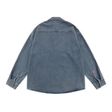 Men Long Sleeved T Shirt Cartoon Embroidered Washed Denim Shirt Coat Spring and Autumn Loose Long Sleeve Shirt