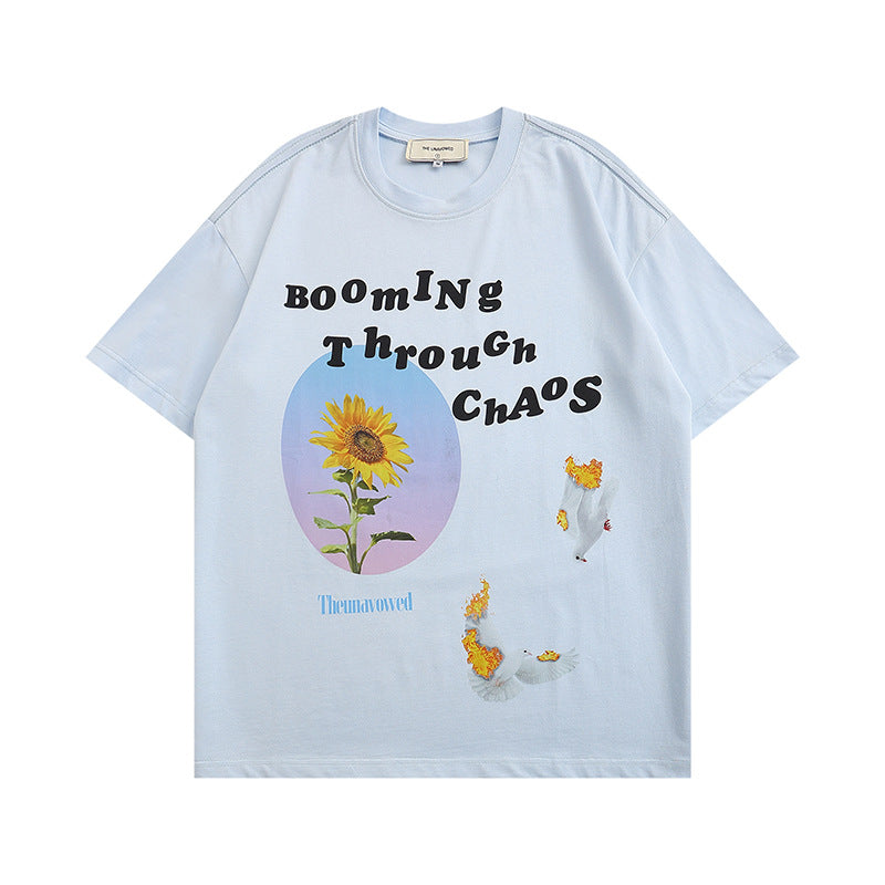 Men T Shirt Floral Print Short-Sleeved T-shirt Men and Women Couple Loose