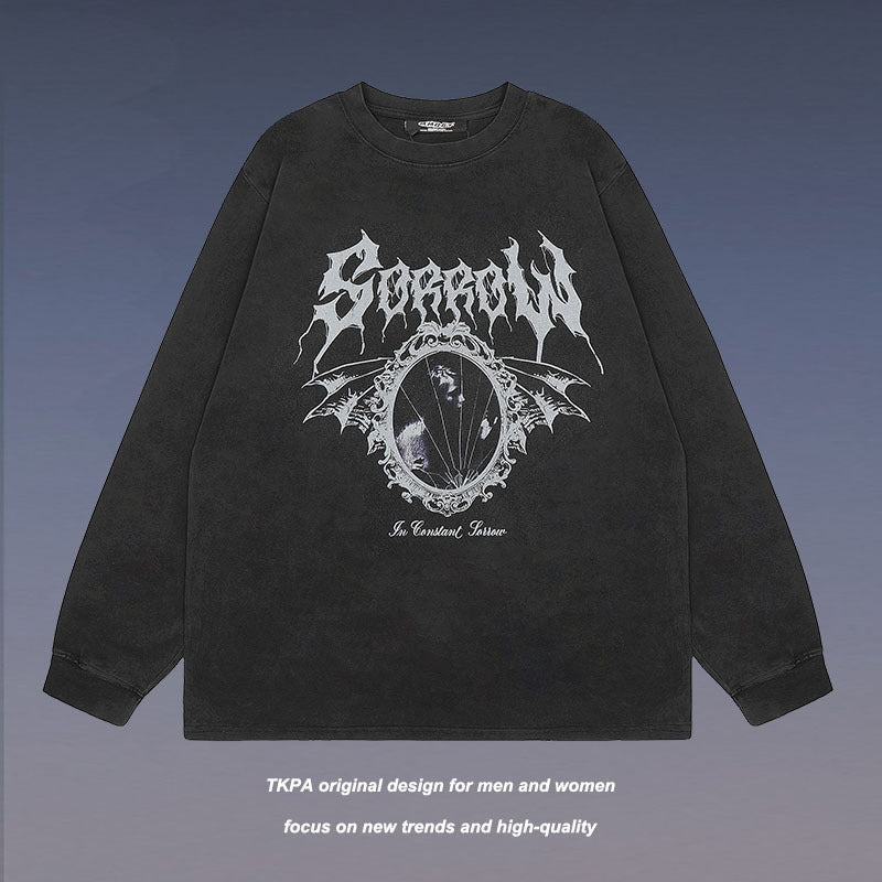 Men Long Sleeve Shirt Vintage Printed Washed Bottoming Long Sleeve T-shirt Men and Women Ins