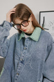 Unisex Jacket Autumn Embroidery Color Block Denim Coat Women's Clothing