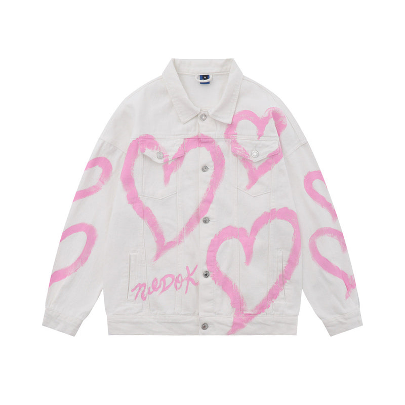 Men Denim Jacket Men's Love Denim Jacket Spring and Autumn Loose Jacket