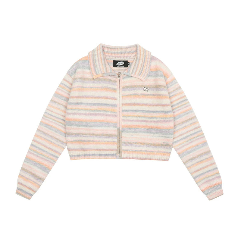 Women Sweater Color Block Knitted Cardigan Lapel Short Sweater