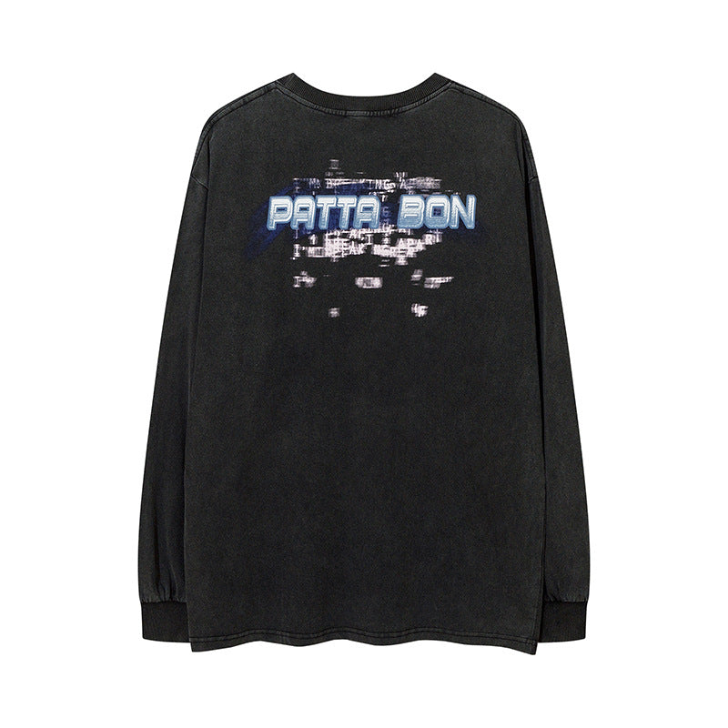Men Long Sleeve Shirt Personality Vintage Print Distressed Long Sleeve T-shirt Men and Women Loose