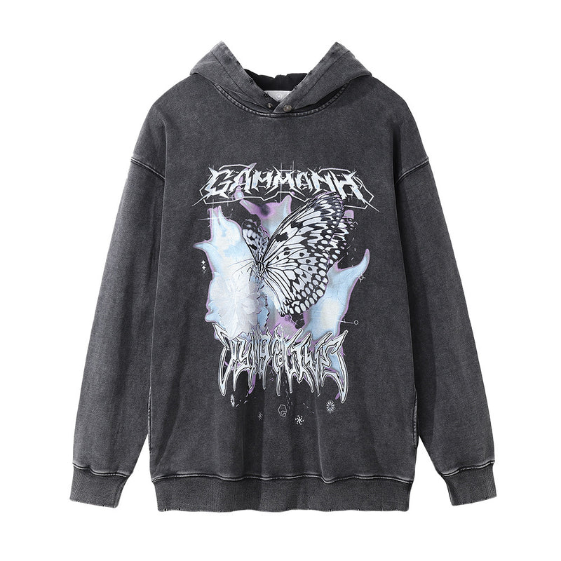 Men Hoodie Printed Washed Distressed Hooded Sweater Men's Loose Casual