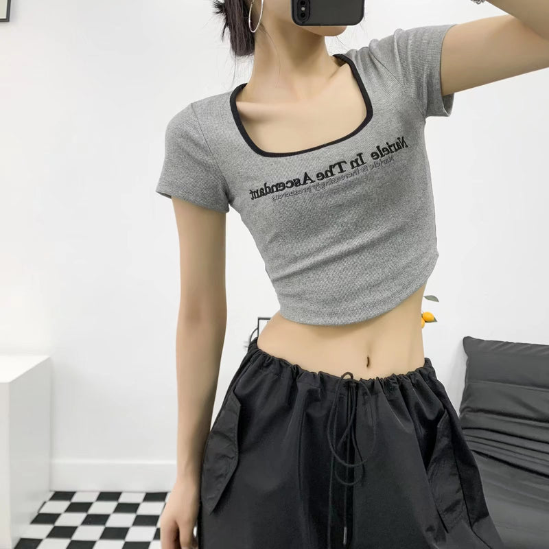 Women T-Shirt Embroidered Pattern Slim-Fit Top Slimming Short-Sleeved T-shirt