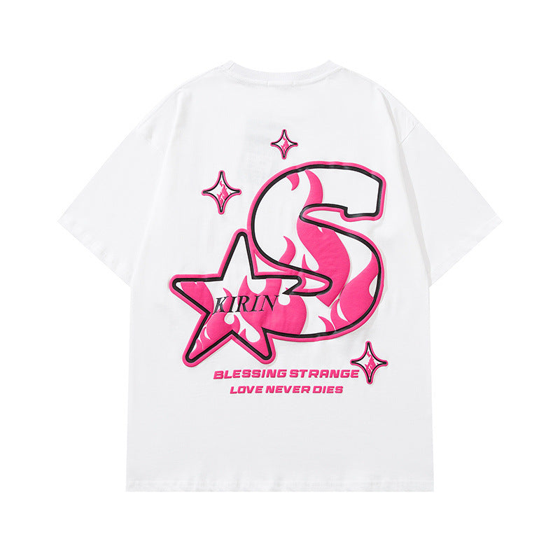 Men T Shirt Letter Print Short-Sleeve T-shirt Men and Women Loose Lovers Wild