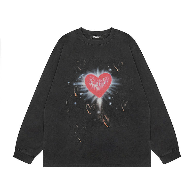 Men Long Sleeve Shirt Heart Graffiti Printed Casual All-Match Washed Long Sleeve T-shirt for Men and Women