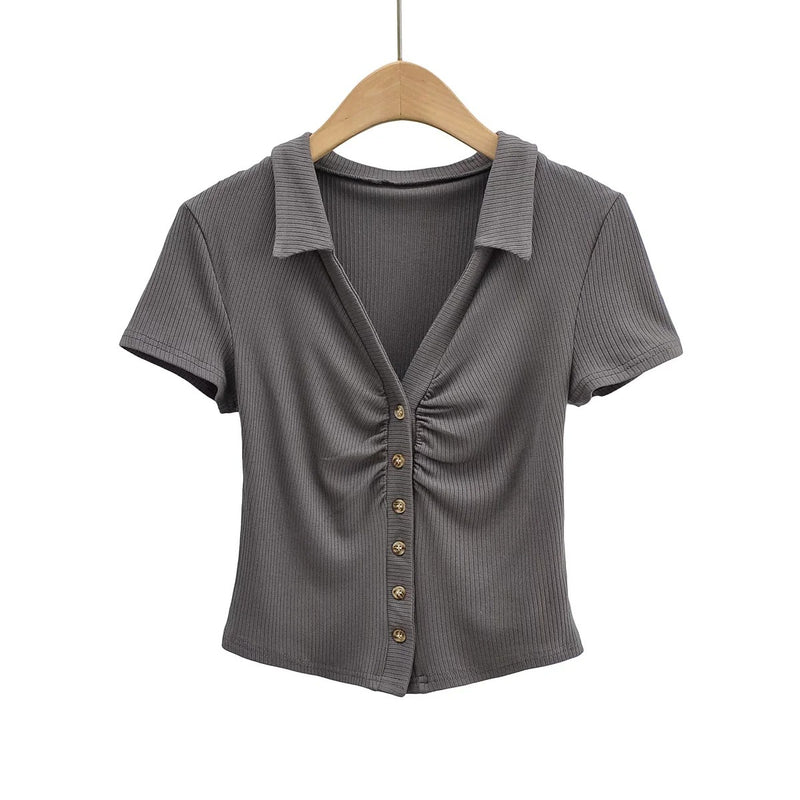 Women T-shirt Fashion Polo Collar Button Short Sleeve T-shirt