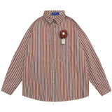 Men Long Sleeved T Shirt Flower Vertical Striped Long Sleeve Shirt Men's Spring and Autumn Loose Shirt Casual