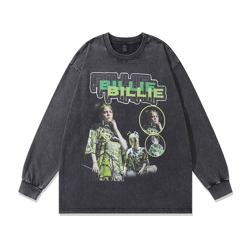 Men Long Sleeve Shirt Bili Portrait Printing Distressed Long Sleeve T-shirt Men and Women Retro