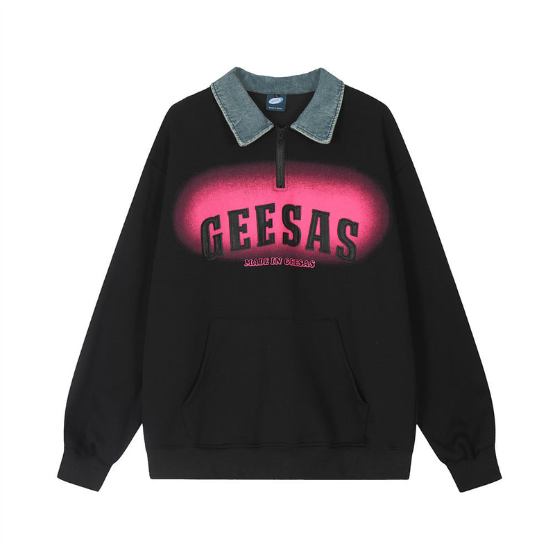 Men Hoodie Contrast Color Lapels Pullover Sweater Men's Patch Letter Inkjet Printing Long Sleeve