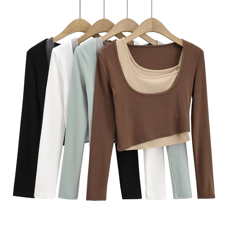 Women T-Shirt Long-Sleeved T-shirt Women's Short Contrast Color Top