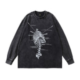 Men Long Sleeve Shirt Bone Print Vintage Long Sleeve T-shirt Washed and Worn Bottoming Shirt