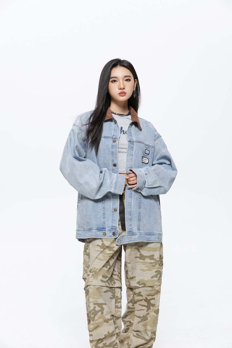 Unisex Jacket Fall Color-Blocking Lapel Denim Jacket Women's Clothing