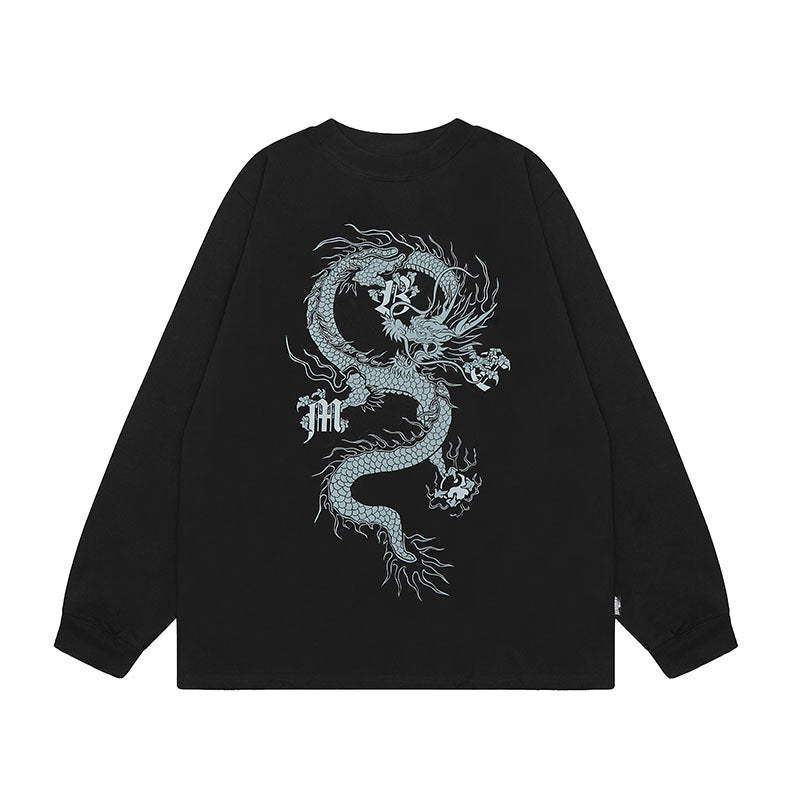 Men Long Sleeve Shirt Blue Dragon Printed Long Sleeve Bottoming T-shirt Men and Women Basic All-Matching Casual