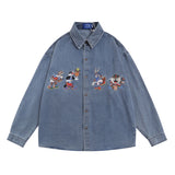 Men Long Sleeved T Shirt Embroidered Denim Shirt All-Matching Loose Casual Spring and Autumn Long Sleeve Shirt Coat