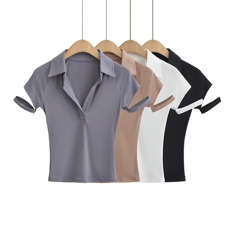 Women T-Shirt Slim Polo Collar Short Sleeve T-shirt Female Summer Patchwork Top