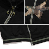 Men Fleece Lined Hoodie Zipper Cardigan Sweater Coat Men's Loose Five-Pointed Star Embroidered Hoodie