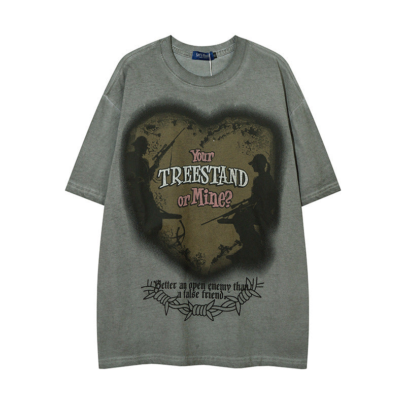 Men T Shirt Street Wash T-shirt Male and Female Trendy Brand Hip Hop round Neck Short Sleeve