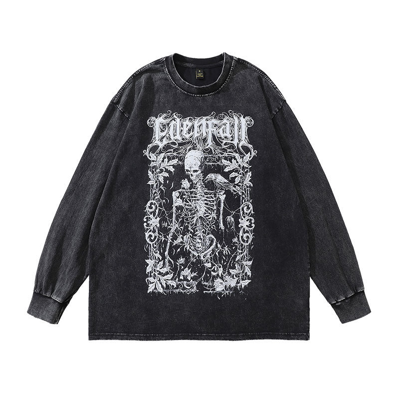 Men Long Sleeve Shirt Vintage Printed Washed Long Sleeve T-shirt Male and Female Trendy Brand