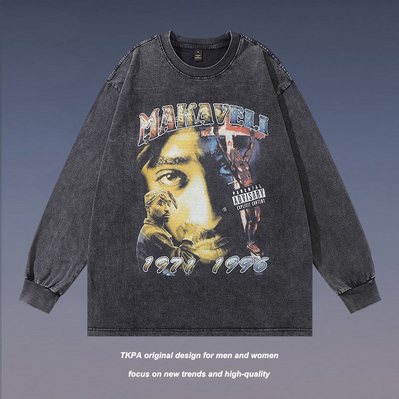 Men Long Sleeve Shirt Printed Long Sleeve T-shirt Men's and Women's Retro Distressed Base
