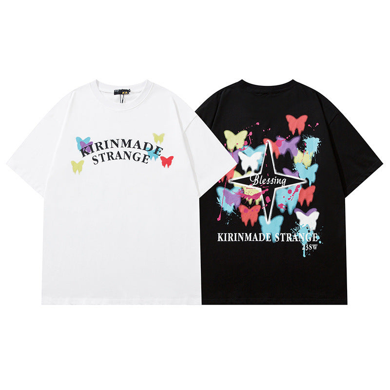 Men T Shirt Butterfly Print Short Sleeve Men's and Women's Loose Vintaget T-shirt