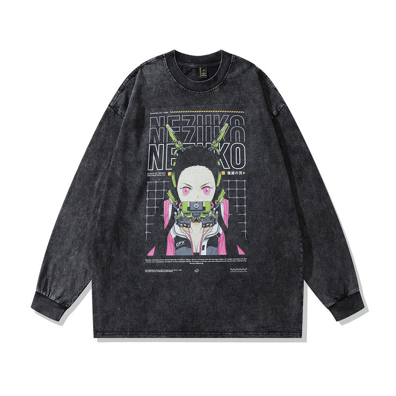 Men Long Sleeve Shirt Cyberpunk Printed Distressed Long Sleeve T-shirt Men and Women Loose