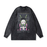 Men Long Sleeve Shirt Vintage Cartoon Printed Distressed Long Sleeve T-shirt Men and Women Hip Hop
