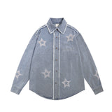 Men Long Sleeved T Shirt Five-Pointed Star Embroidered Denim Long Sleeve Shirt Men's Spring and Autumn Washed and Worn Denim Jacket