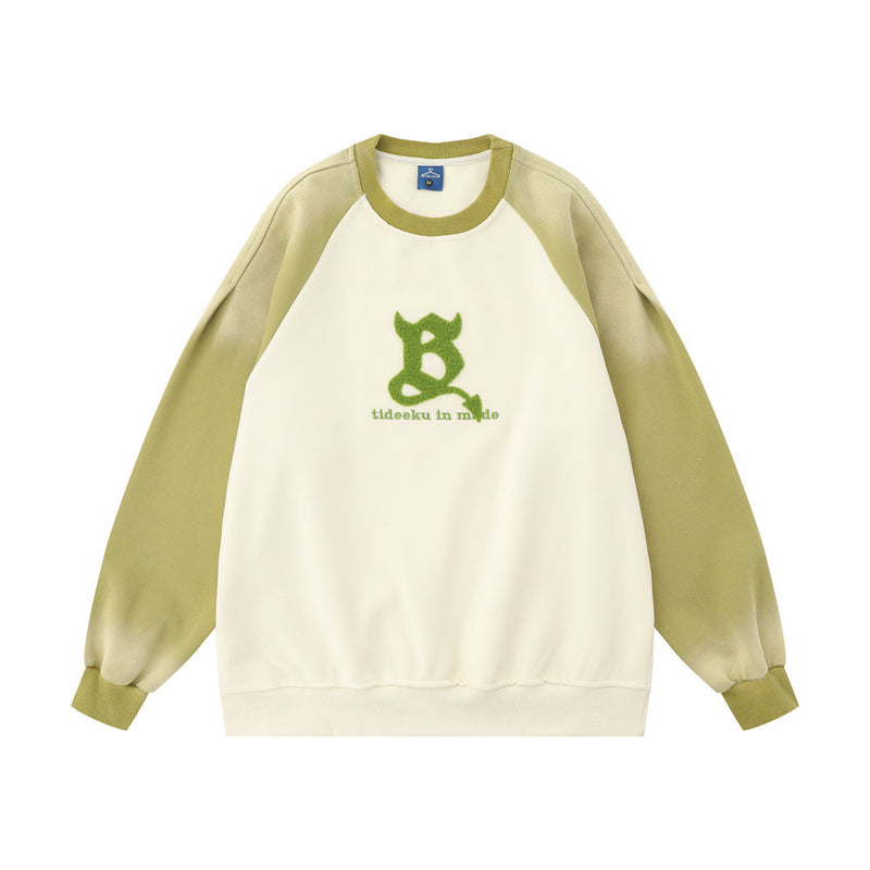 Men Hoodie Color-Block Raglan Sleeves Inkjet Sweater Flocking Letter Embroidery Pullover Loose