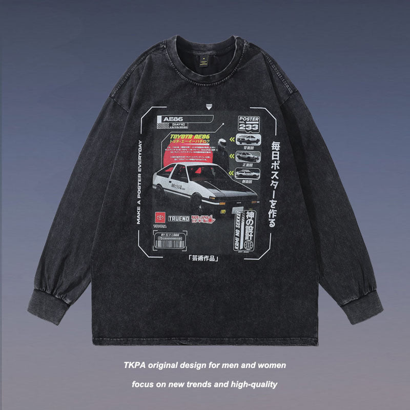 Men Long Sleeve Shirt Long Sleeve T-shirt Men and Women Couple Washed Distressed Street round Neck