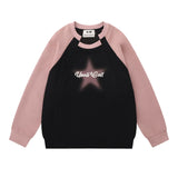 Men Hoodie Raglan Sleeve Crew Neck Pullover Sweatshirt Stitching Five-Pointed Star Printed Spring and Autumn Loose Top