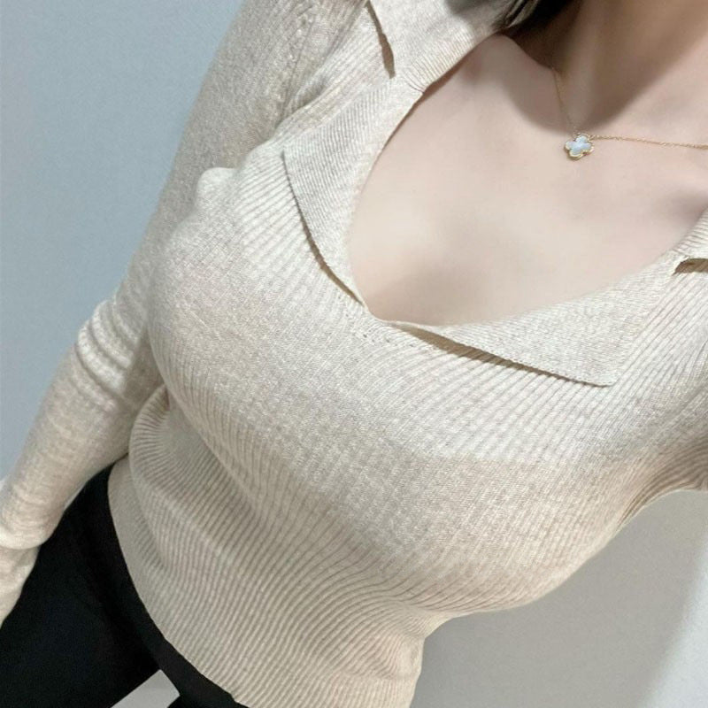Women Long Sleeve Shirt Slim Fit V-neck Bottoming Shirt