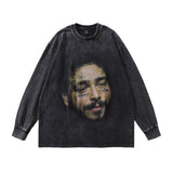 Men Long Sleeve Shirt Vintage Portrait Printing Long Sleeve T-shirt Washed and Worn Men and Women Autumn