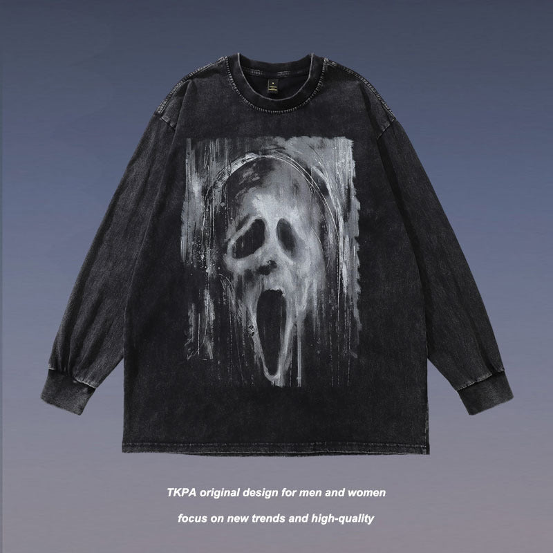 Men Long Sleeve Shirt Retro Worn Looking Washed-out Long Sleeve T-shirt Men's Loose Couple