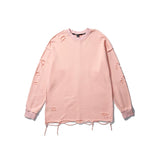 Men Hoodie Vibe Style Solid Color Simple Ripped Sweater Long Sleeve Loose round Neck Pullover Bottoming Shirt