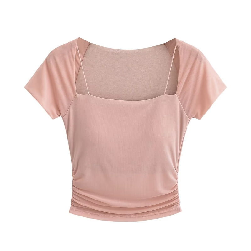 Women T-Shirt Stitching Mesh Short Sleeve T-shirt Women's Short Top
